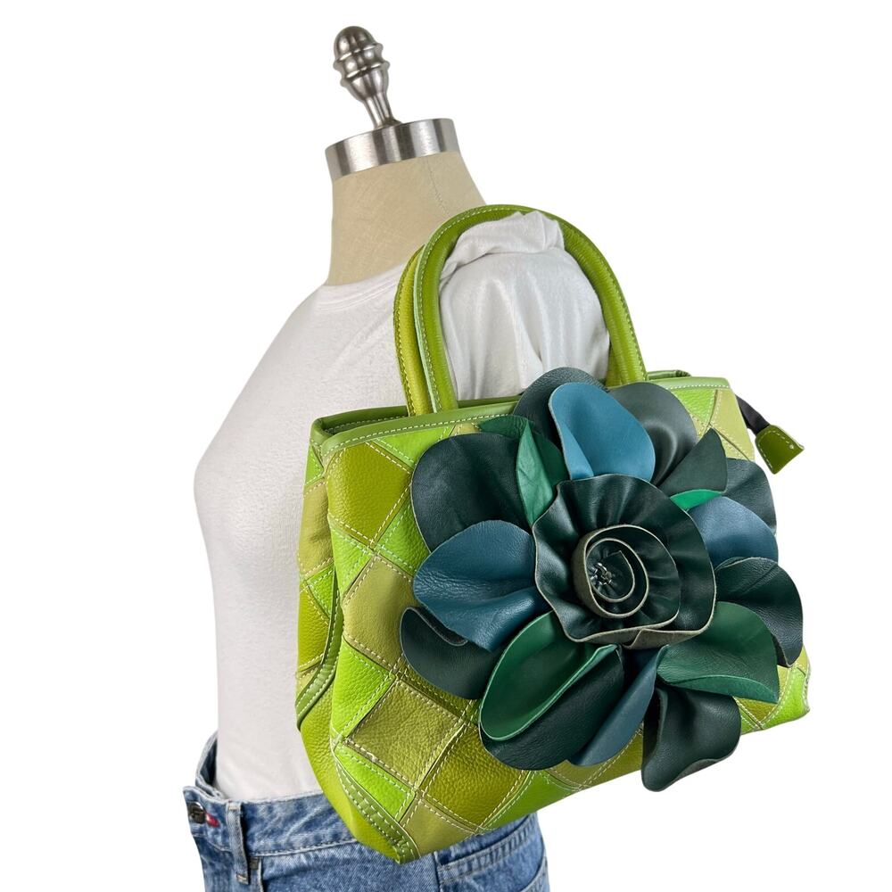 Vintage CHAOS Green Genuine Leather Patchwork Floral Statement Bag Purse